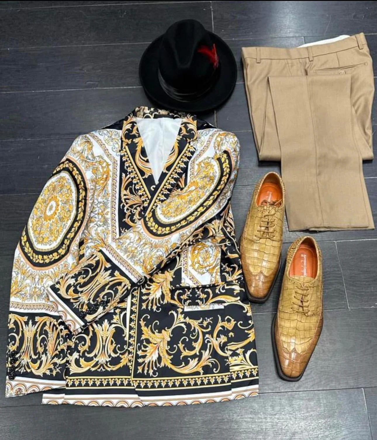 Men’s Black and Gold Baroque Blazer with Matching Pants, Hat, and Shoes – Luxury Party and Wedding Outfit Set - Image 9