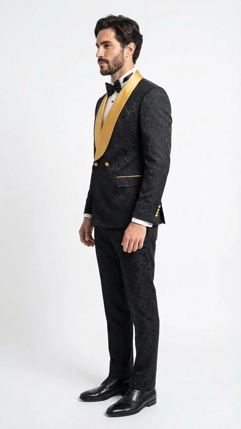 Men’s Black and Gold Jacquard Tuxedo Suit – Luxury Slim Fit Formal Wedding, Prom, and Gala Outfit - Image 3