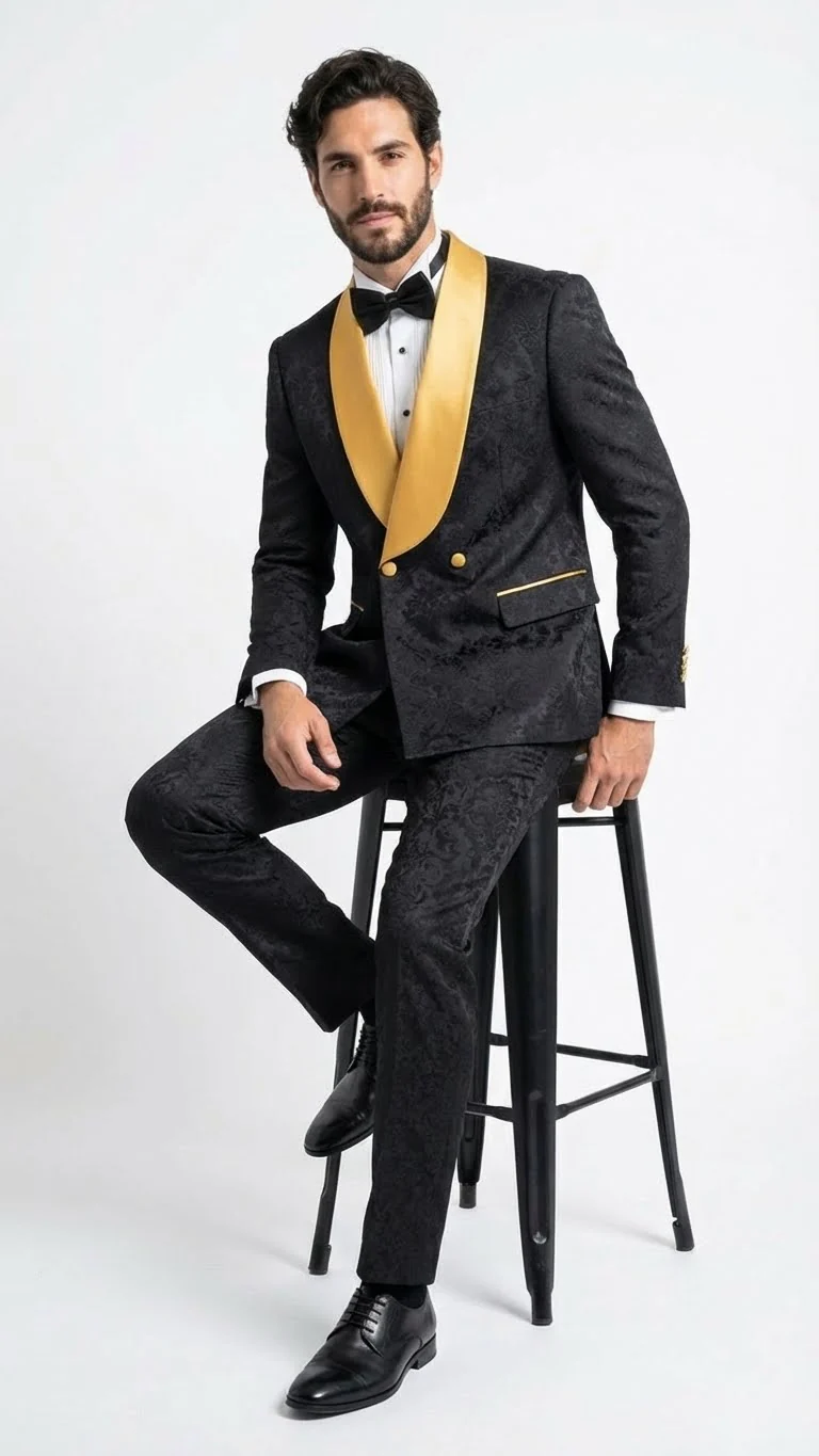 Men’s Black and Gold Jacquard Tuxedo Suit – Luxury Slim Fit Formal Wedding, Prom, and Gala Outfit - Image 4