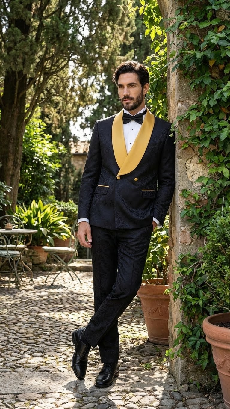 Men’s Black and Gold Jacquard Tuxedo Suit – Luxury Slim Fit Formal Wedding, Prom, and Gala Outfit - Image 5