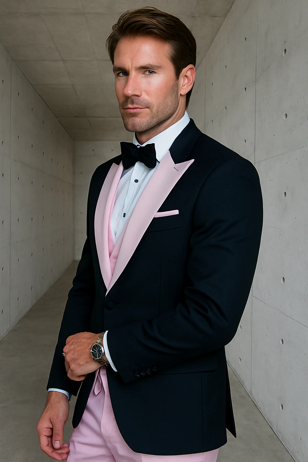 Men’s Black and Pink Wool Tuxedo – Designer Vested Tuxedo with Contrast Satin Peak Lapel for Wedding & Prom - Image 2