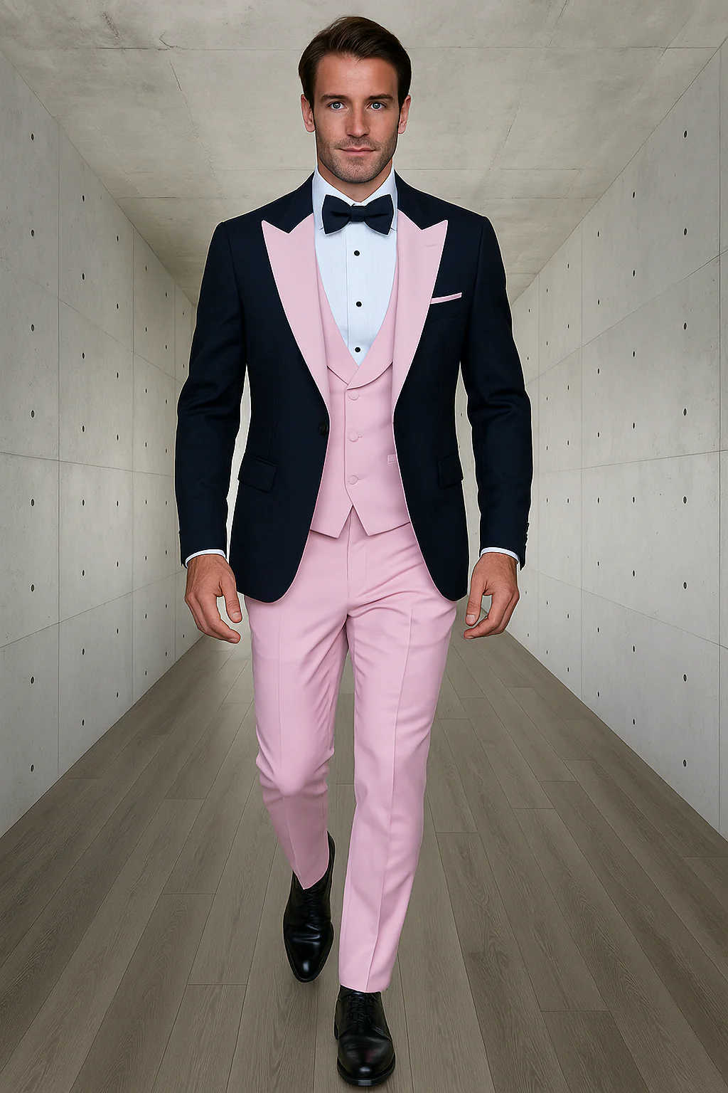 Men’s Black and Pink Wool Tuxedo – Designer Vested Tuxedo with Contrast Satin Peak Lapel for Wedding & Prom - Image 3