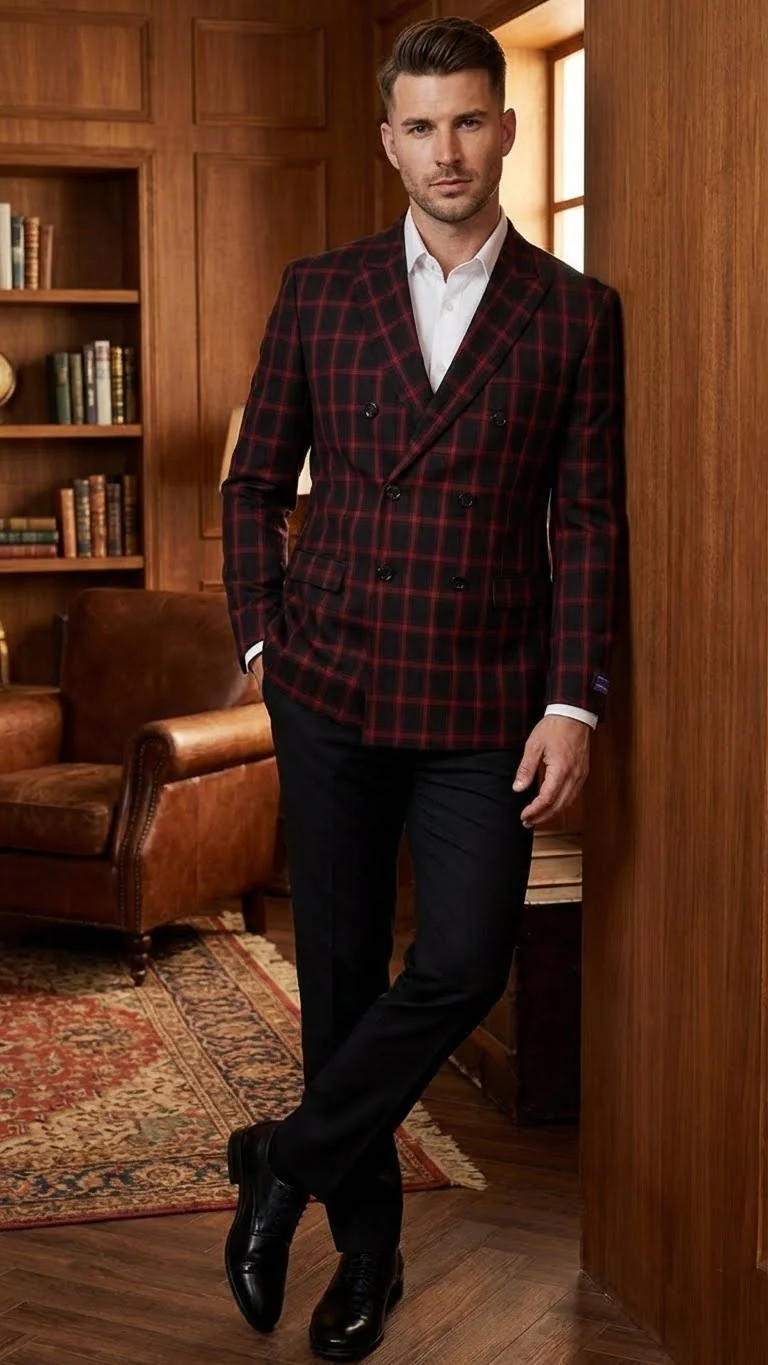 Men’s Black and Red Check Double Breasted Blazer – Sport Coat Jacket Windowpane Sportcoat Slim Fit - Image 10