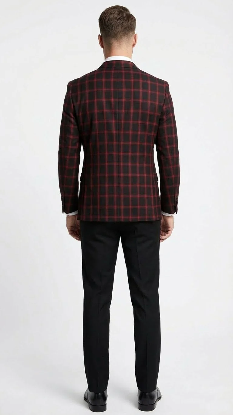 Men’s Black and Red Check Double Breasted Blazer – Sport Coat Jacket Windowpane Sportcoat Slim Fit - Image 2