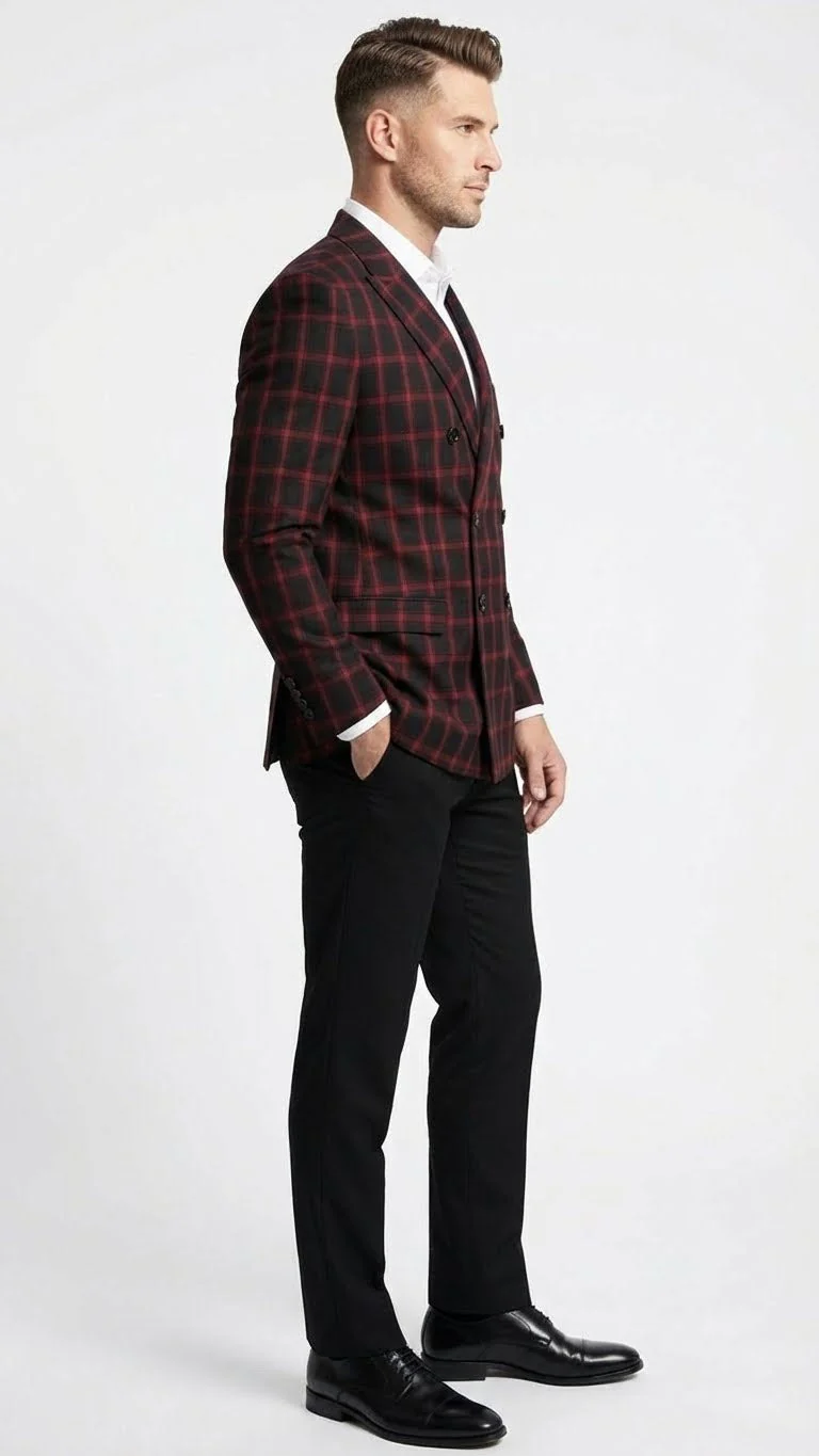 Men’s Black and Red Check Double Breasted Blazer – Sport Coat Jacket Windowpane Sportcoat Slim Fit - Image 3