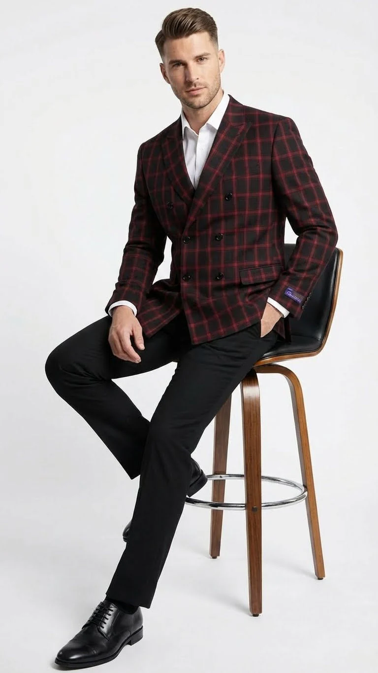 Men’s Black and Red Check Double Breasted Blazer – Sport Coat Jacket Windowpane Sportcoat Slim Fit - Image 4