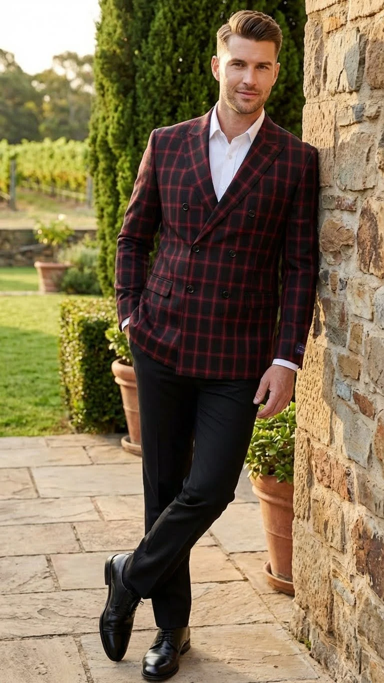 Men’s Black and Red Check Double Breasted Blazer – Sport Coat Jacket Windowpane Sportcoat Slim Fit - Image 7
