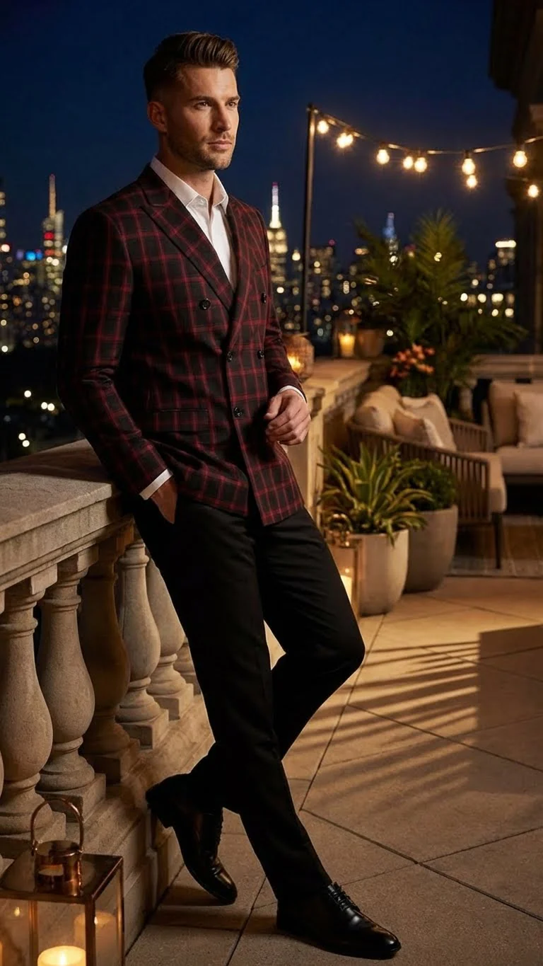 Men’s Black and Red Check Double Breasted Blazer – Sport Coat Jacket Windowpane Sportcoat Slim Fit - Image 8