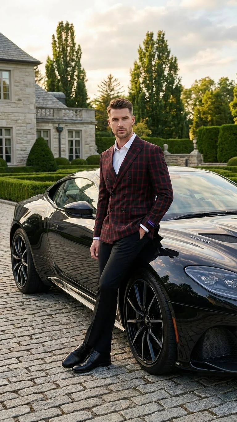 Men’s Black and Red Check Double Breasted Blazer – Sport Coat Jacket Windowpane Sportcoat Slim Fit - Image 9