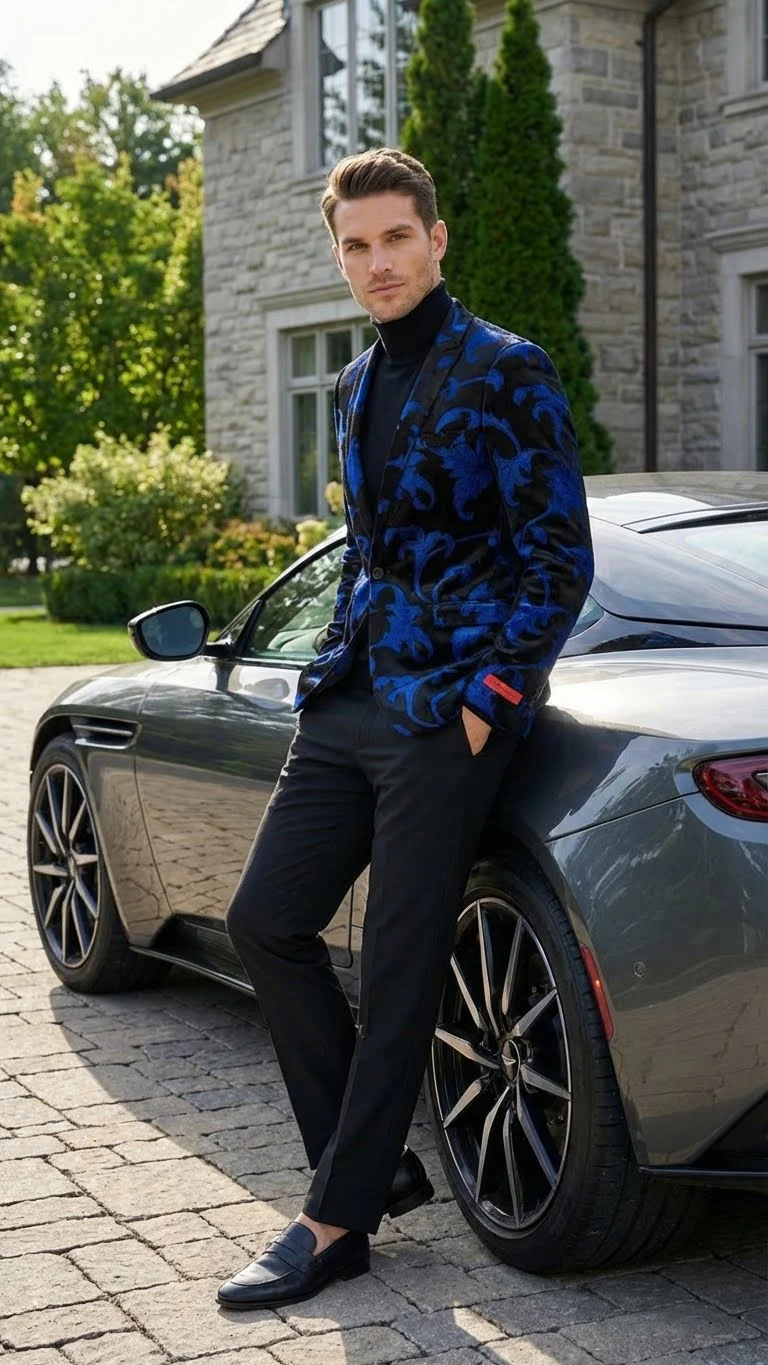 Men’s Black and Royal Blue Patterned Blazer – Paisley Floral Sport Coat Prom Jacket - Image 10