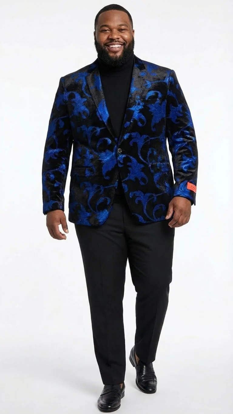 Men’s Black and Royal Blue Patterned Blazer – Paisley Floral Sport Coat Prom Jacket - Image 9