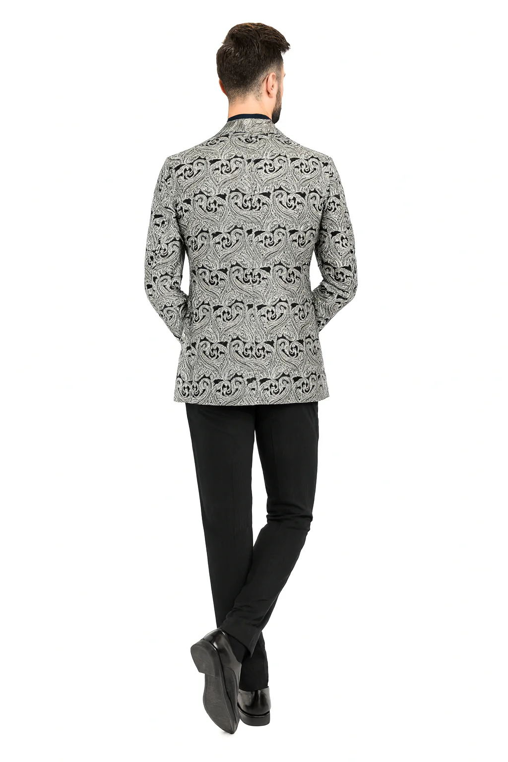 Men’s Black and Silver Paisley Tuxedo Jacket – Slim Fit Dinner Blazer with Matching Bow Tie with Black Pants - Image 5