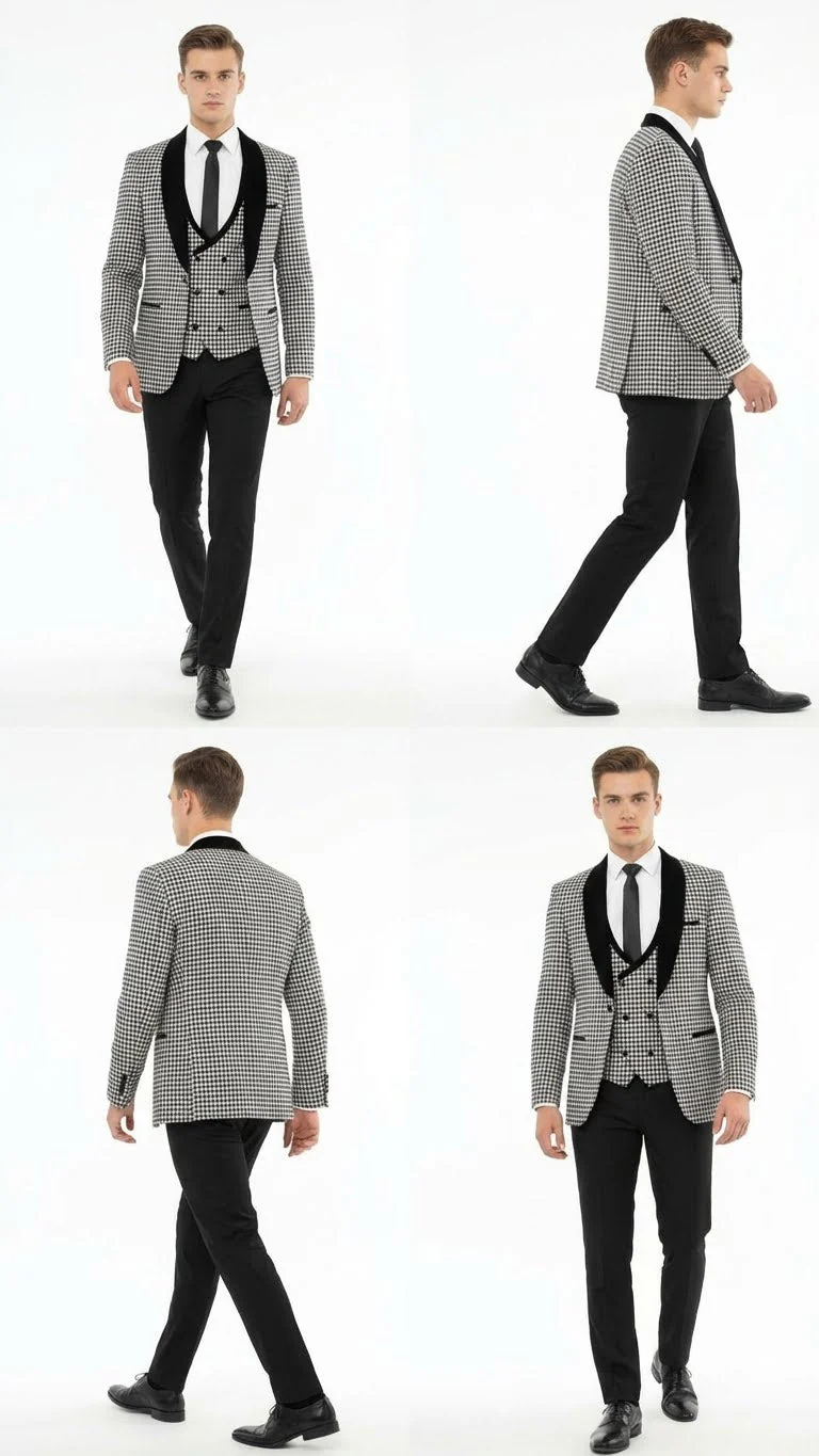 Men’s Black and White Houndstooth Tuxedo Set with Velvet Shawl Lapel | 3-Piece Formal Suit with Double-Breasted Vest - Image 11