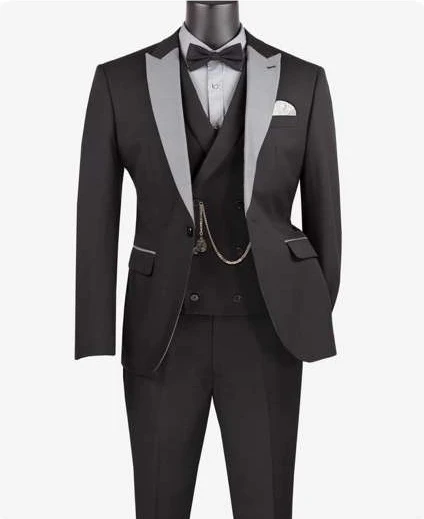Men’s Black And White Lapel 3 Piece Tuxedo Suit with Silver Gray Satin Lapel | Formal Wedding Prom Suit Set - Image 11