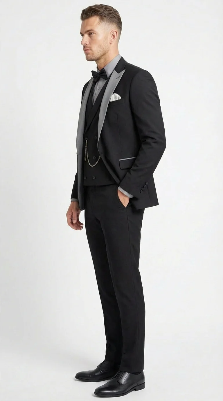 Men’s Black And White Lapel 3 Piece Tuxedo Suit with Silver Gray Satin Lapel | Formal Wedding Prom Suit Set - Image 3