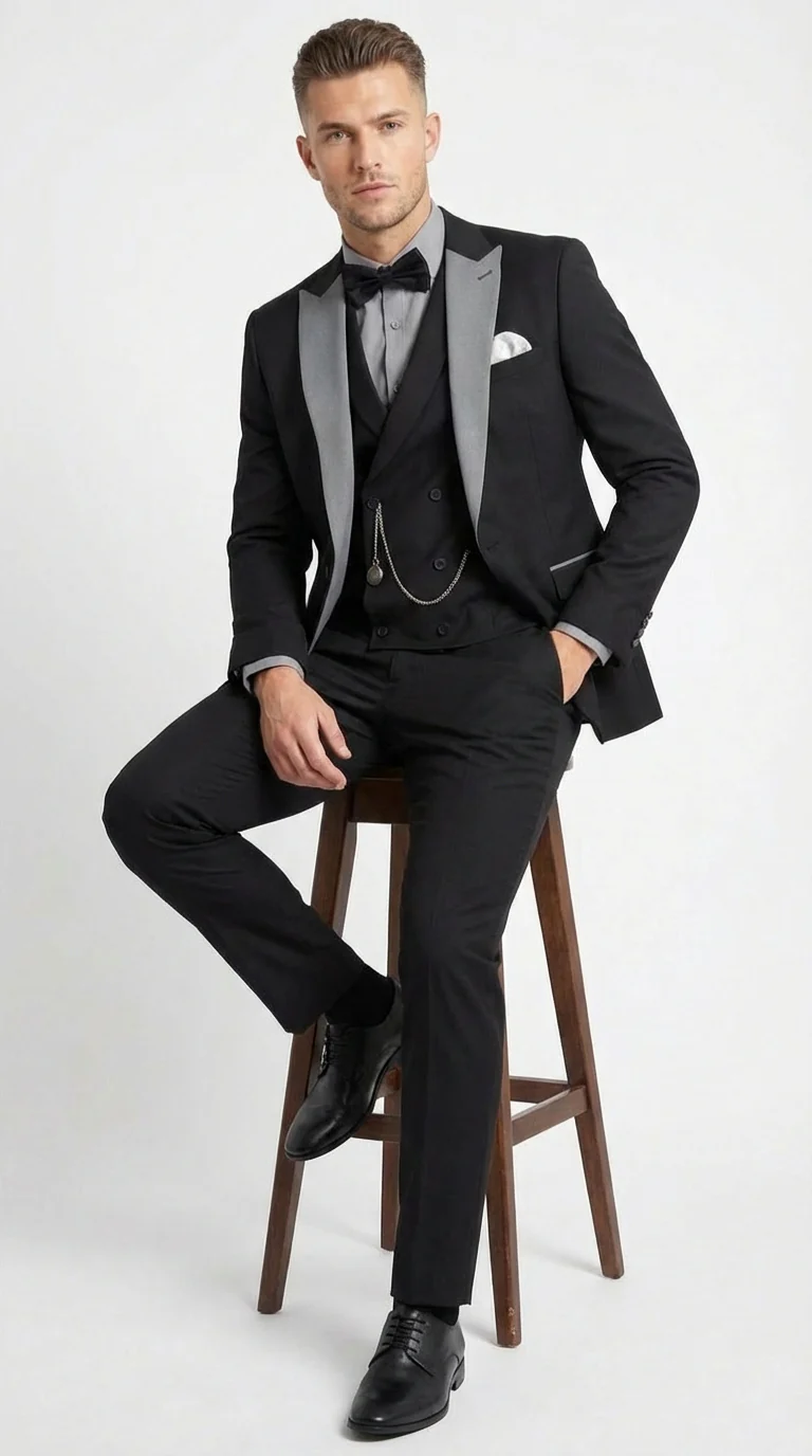 Men’s Black And White Lapel 3 Piece Tuxedo Suit with Silver Gray Satin Lapel | Formal Wedding Prom Suit Set - Image 5
