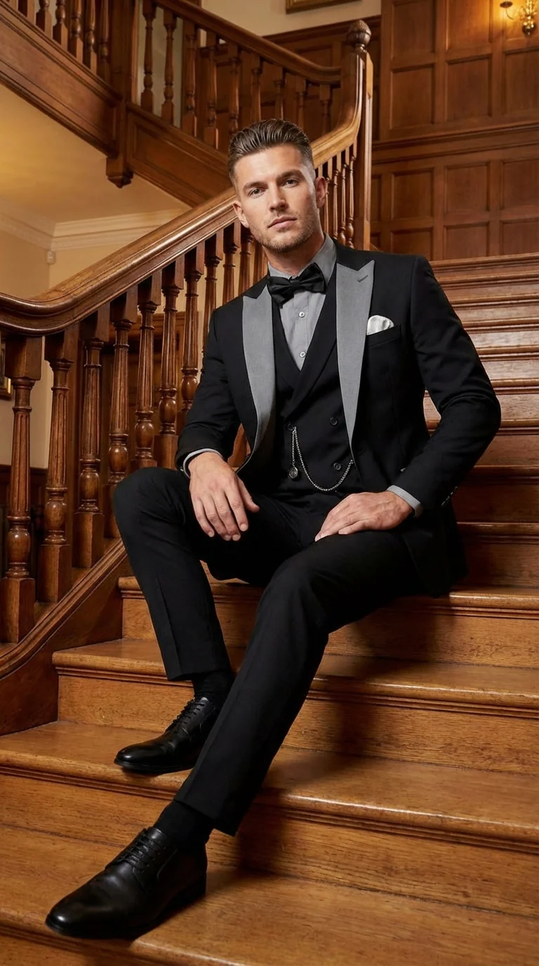 Men’s Black And White Lapel 3 Piece Tuxedo Suit with Silver Gray Satin Lapel | Formal Wedding Prom Suit Set - Image 6