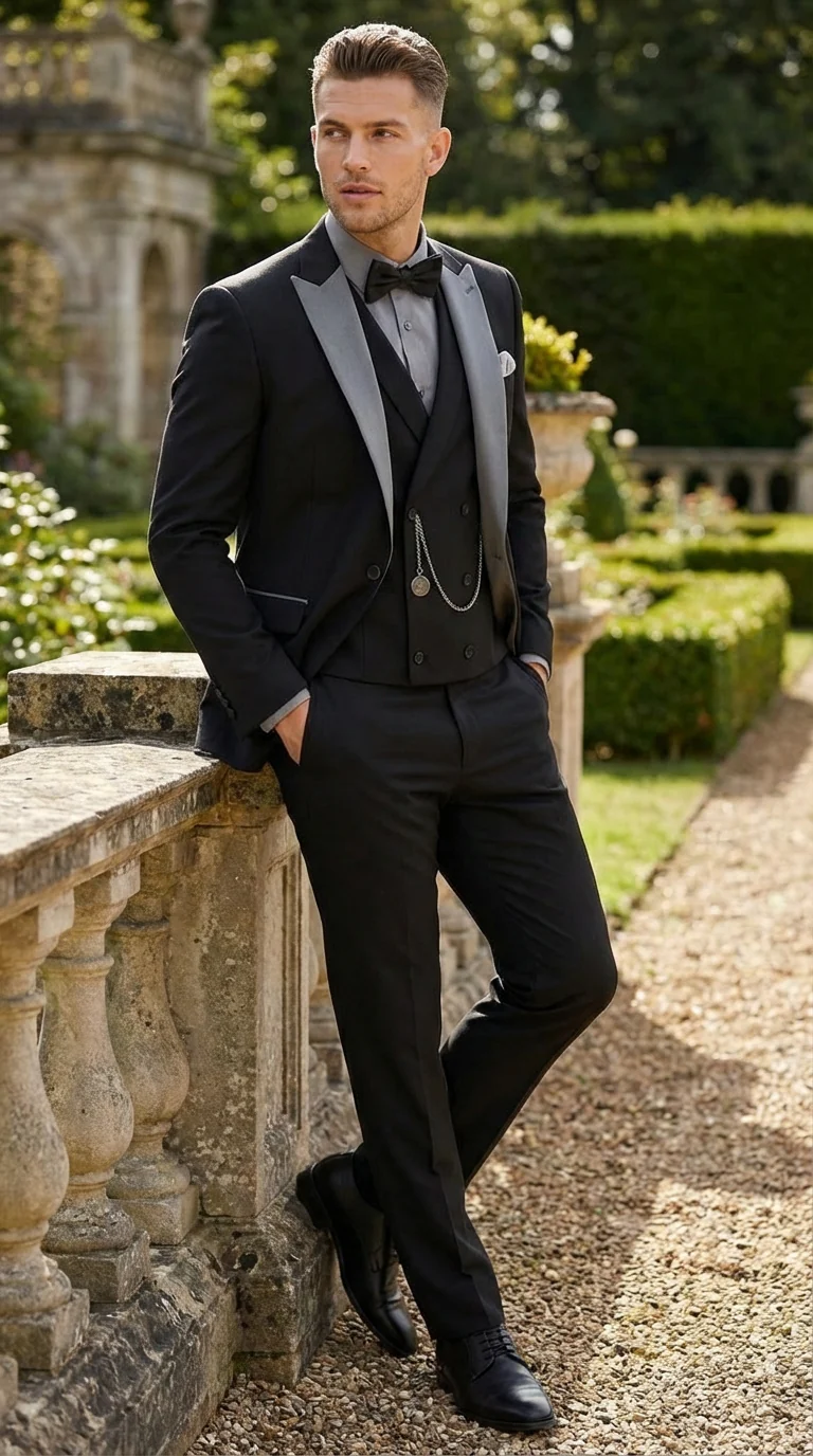 Men’s Black And White Lapel 3 Piece Tuxedo Suit with Silver Gray Satin Lapel | Formal Wedding Prom Suit Set - Image 7
