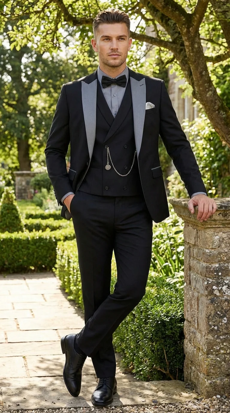 Men’s Black And White Lapel 3 Piece Tuxedo Suit with Silver Gray Satin Lapel | Formal Wedding Prom Suit Set - Image 9