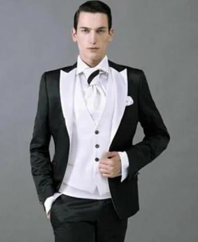 Men’s Black and White Lapel Prom Tuxedo Suit + Black Vest + Black Pants Peak Lapel - Image 10