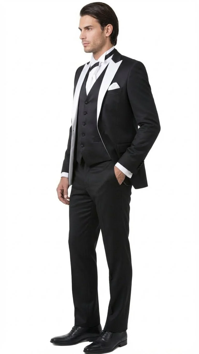 Men’s Black and White Lapel Prom Tuxedo Suit + Black Vest + Black Pants Peak Lapel - Image 3