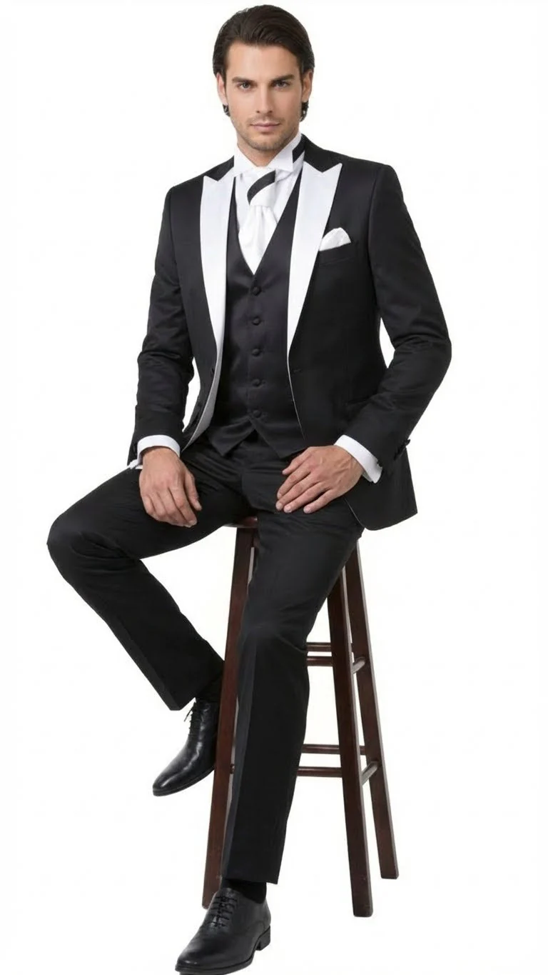 Men’s Black and White Lapel Prom Tuxedo Suit + Black Vest + Black Pants Peak Lapel - Image 4