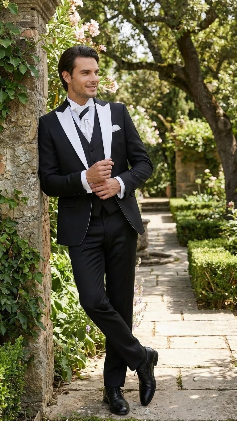 Men’s Black and White Lapel Prom Tuxedo Suit + Black Vest + Black Pants Peak Lapel - Image 6