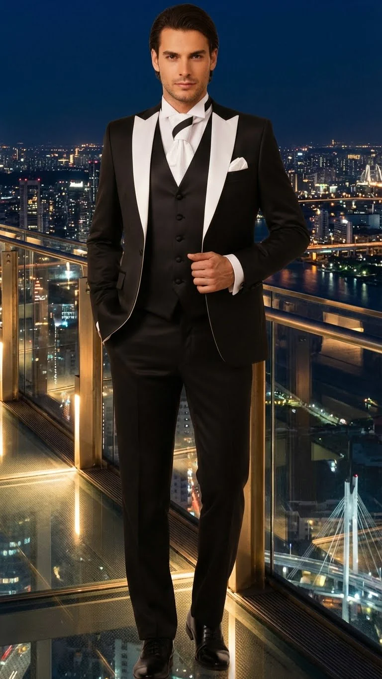 Men’s Black and White Lapel Prom Tuxedo Suit + Black Vest + Black Pants Peak Lapel - Image 7