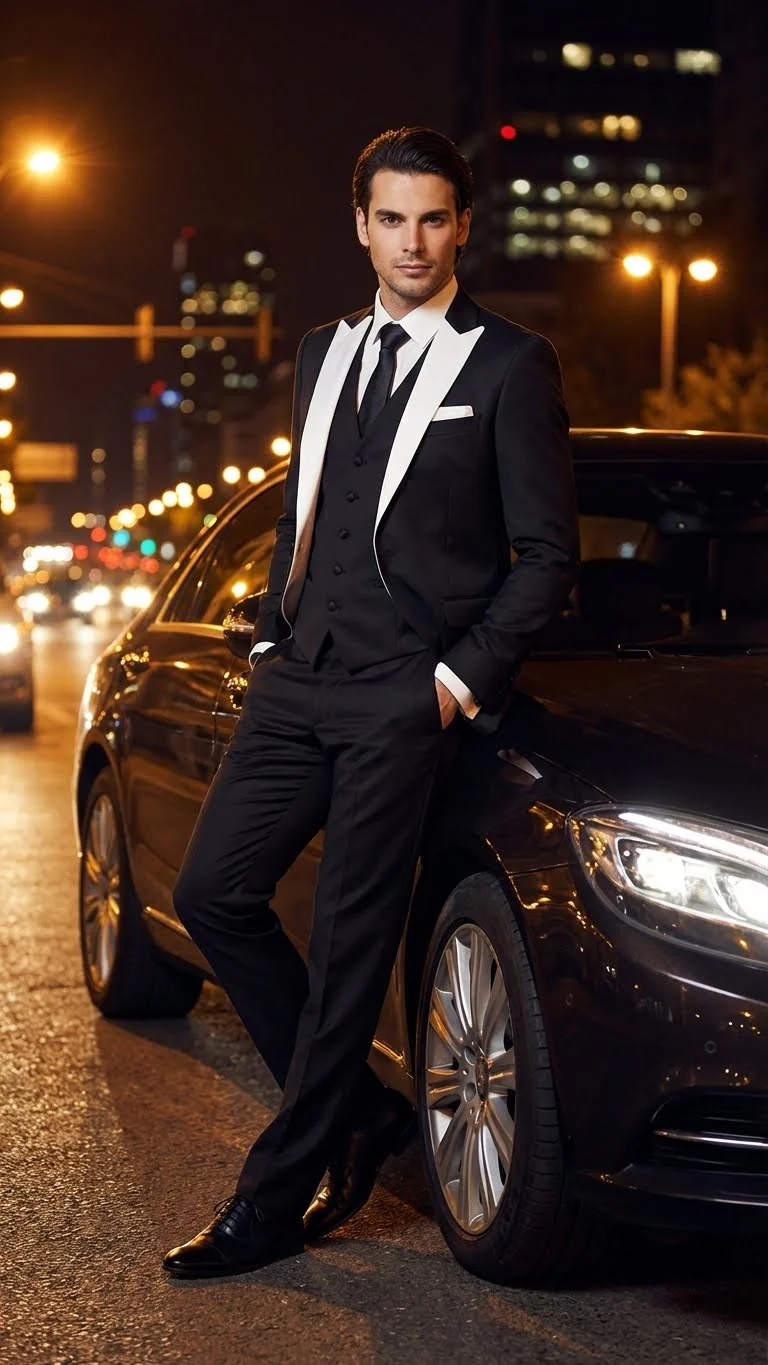 Men’s Black and White Lapel Prom Tuxedo Suit + Black Vest + Black Pants Peak Lapel - Image 8