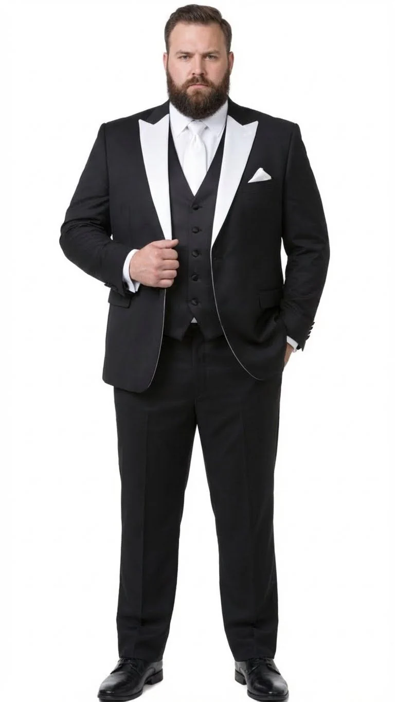 Men’s Black and White Lapel Prom Tuxedo Suit + Black Vest + Black Pants Peak Lapel - Image 9