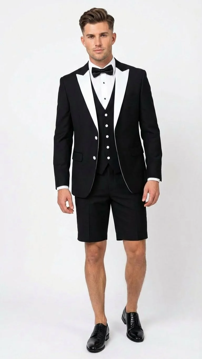 Men’s Black and White Tuxedo Shorts Suit – Modern Formal Tuxedo with Short Pants for Wedding, Party and Special Events - Image 10