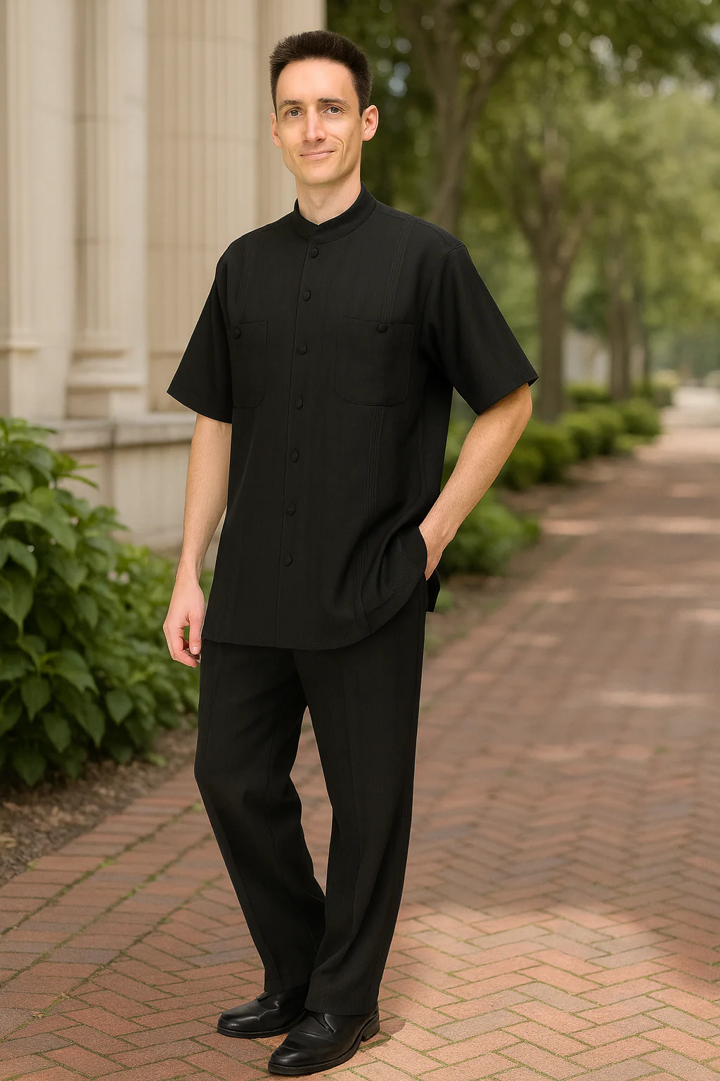 Men’s Black Banded Collar Walking Suit – Short Sleeve Shirt and Matching Pants Banded Collar Linen Fabric - Image 2