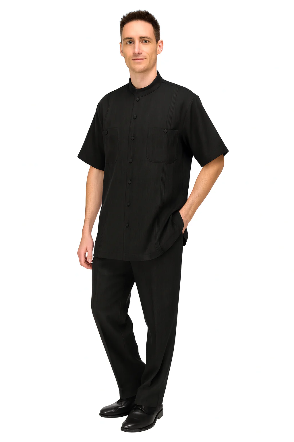 Men’s Black Banded Collar Walking Suit – Short Sleeve Shirt and Matching Pants Banded Collar Linen Fabric - Image 3