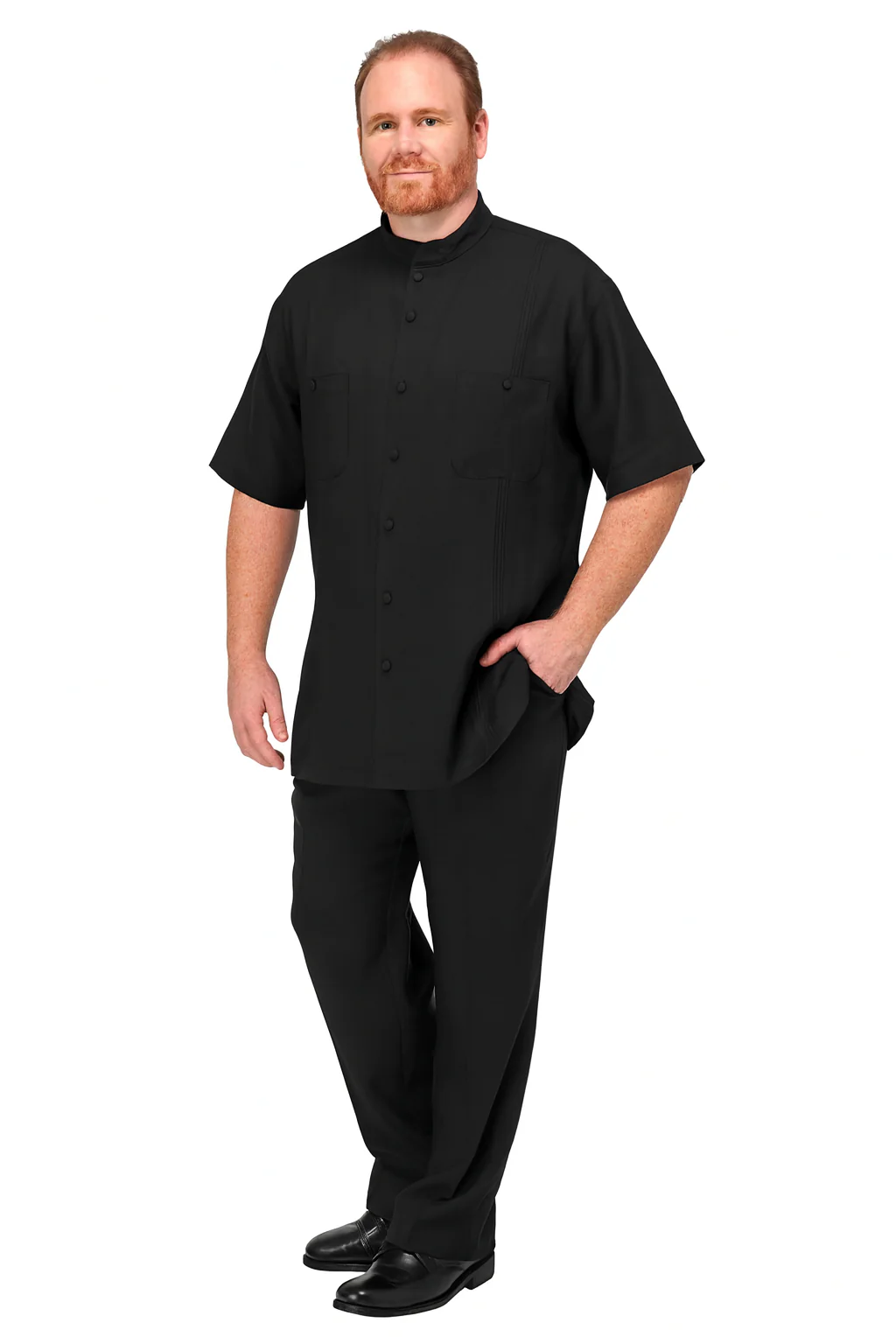 Men’s Black Banded Collar Walking Suit – Short Sleeve Shirt and Matching Pants Banded Collar Linen Fabric - Image 5