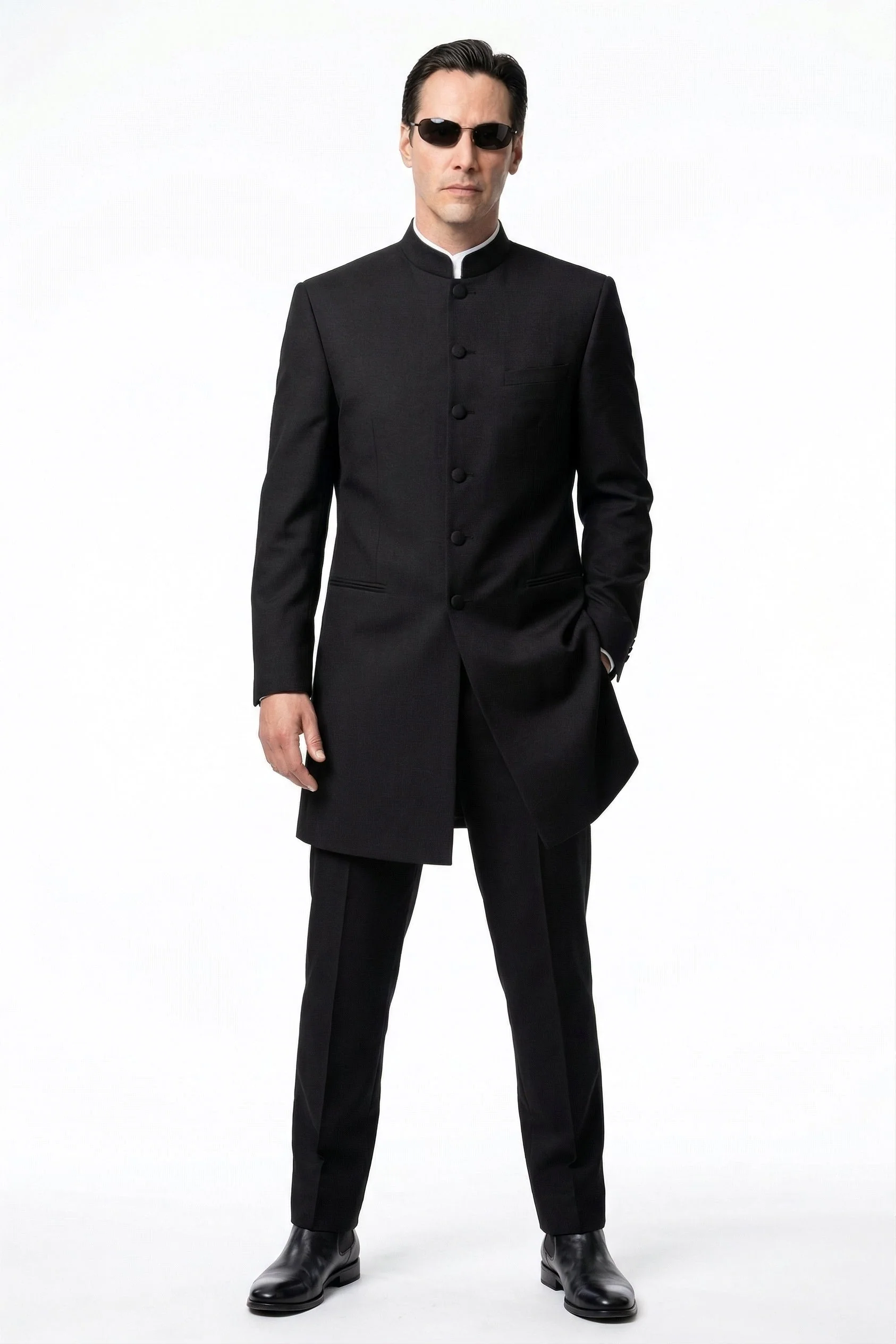 Men’s Black Coat Matrix Keanu Reeves Inspired Long Coat – Classic Mandarin Collar Formal Overcoat, Stylish Winter Trench Coat, Neo Style Jacket