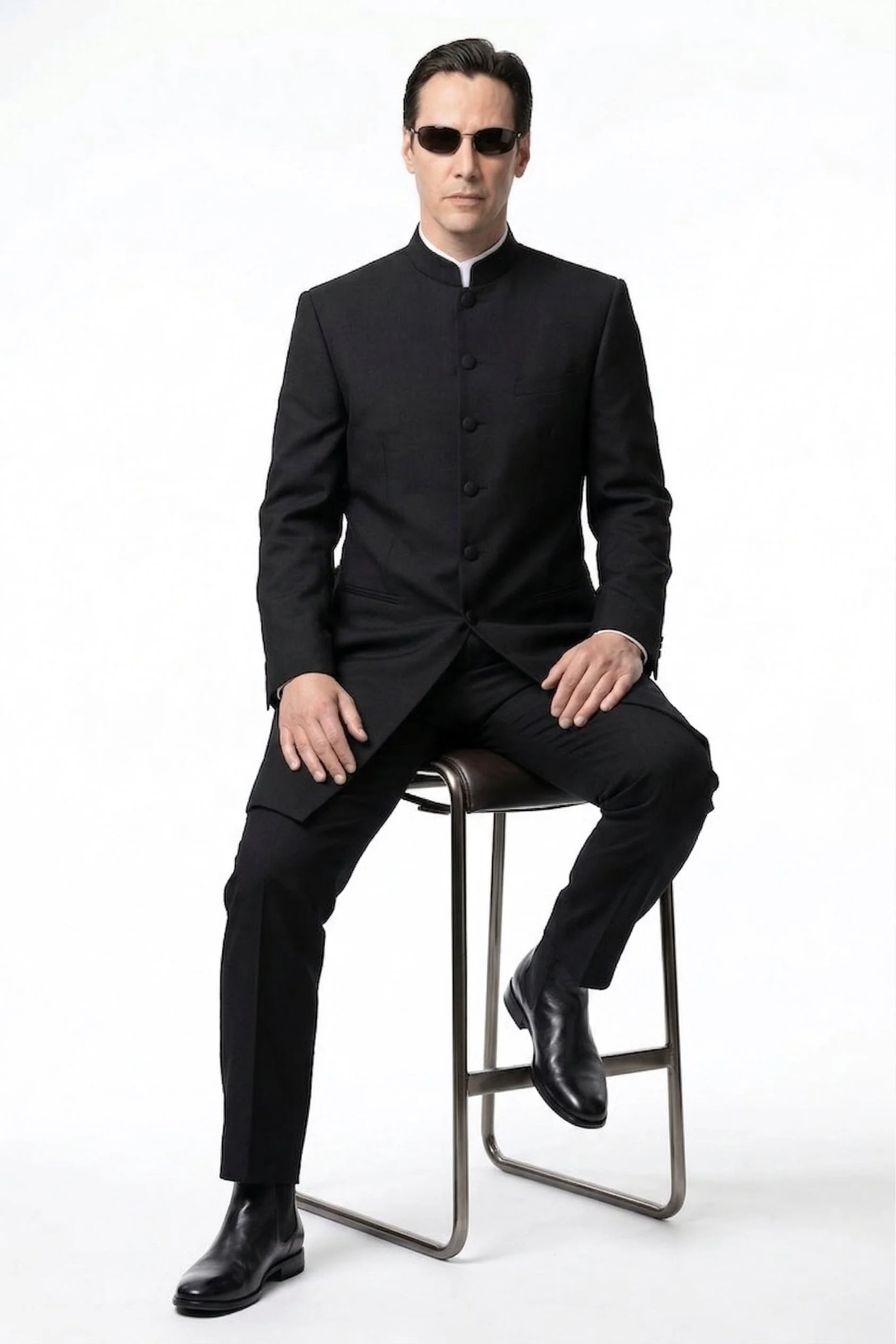 Men’s Black Coat Matrix Keanu Reeves Inspired Long Coat – Classic Mandarin Collar Formal Overcoat, Stylish Winter Trench Coat, Neo Style Jacket - Image 4