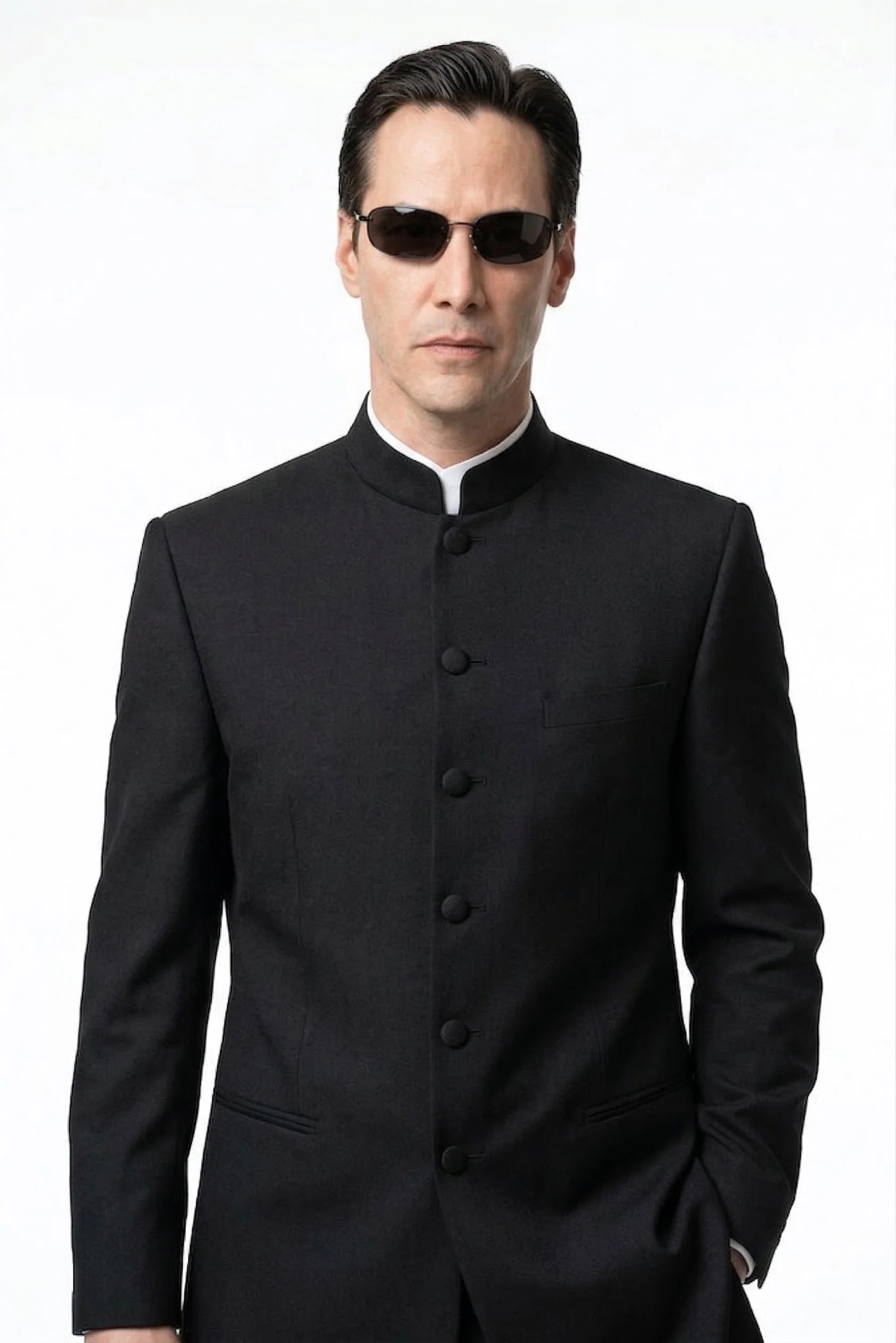Men’s Black Coat Matrix Keanu Reeves Inspired Long Coat – Classic Mandarin Collar Formal Overcoat, Stylish Winter Trench Coat, Neo Style Jacket - Image 5