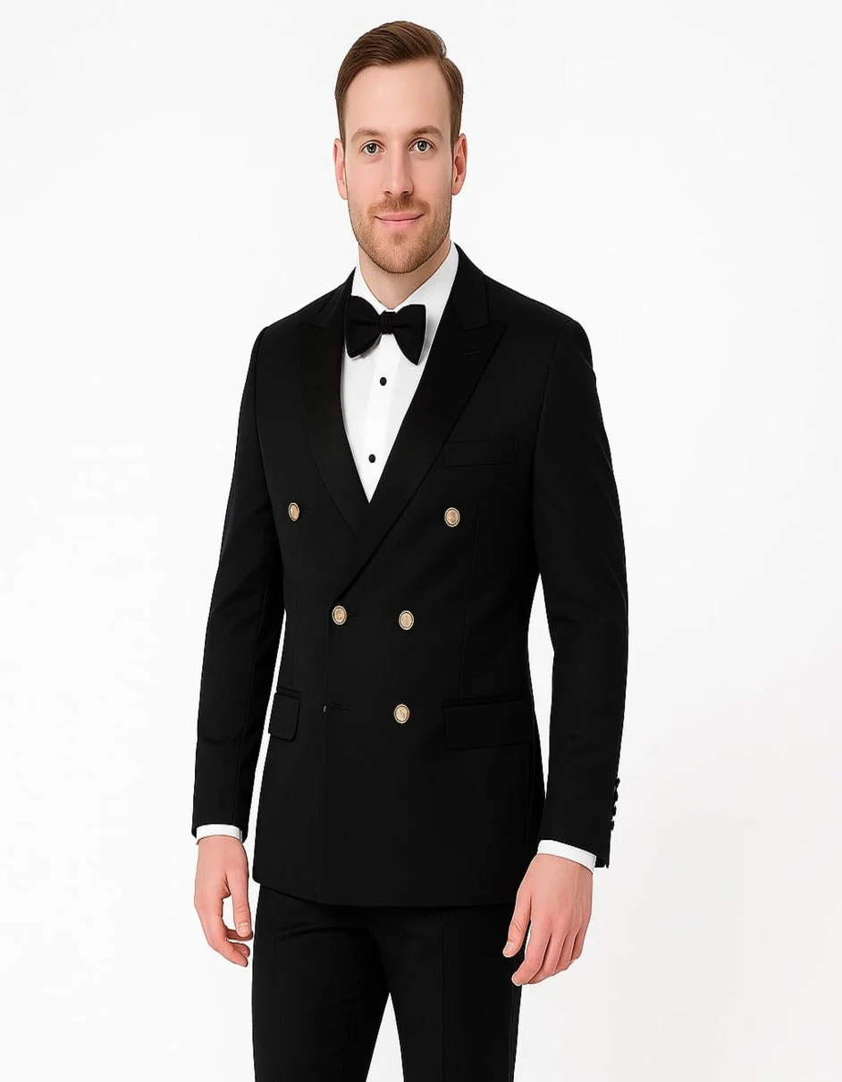 Menƒ??s Black Double-Breasted Tuxedo ƒ?? Classic Shawl Lapel Suit with Gold Buttons for Weddings, Galas, and Black Tie Events - Image 4