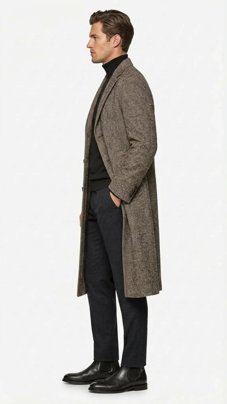 Men’s Black & Grey  Herringbone Tweed Wool Blend Overcoat – Classic Single-Breasted Winter Blazer Carcoat - Image 8