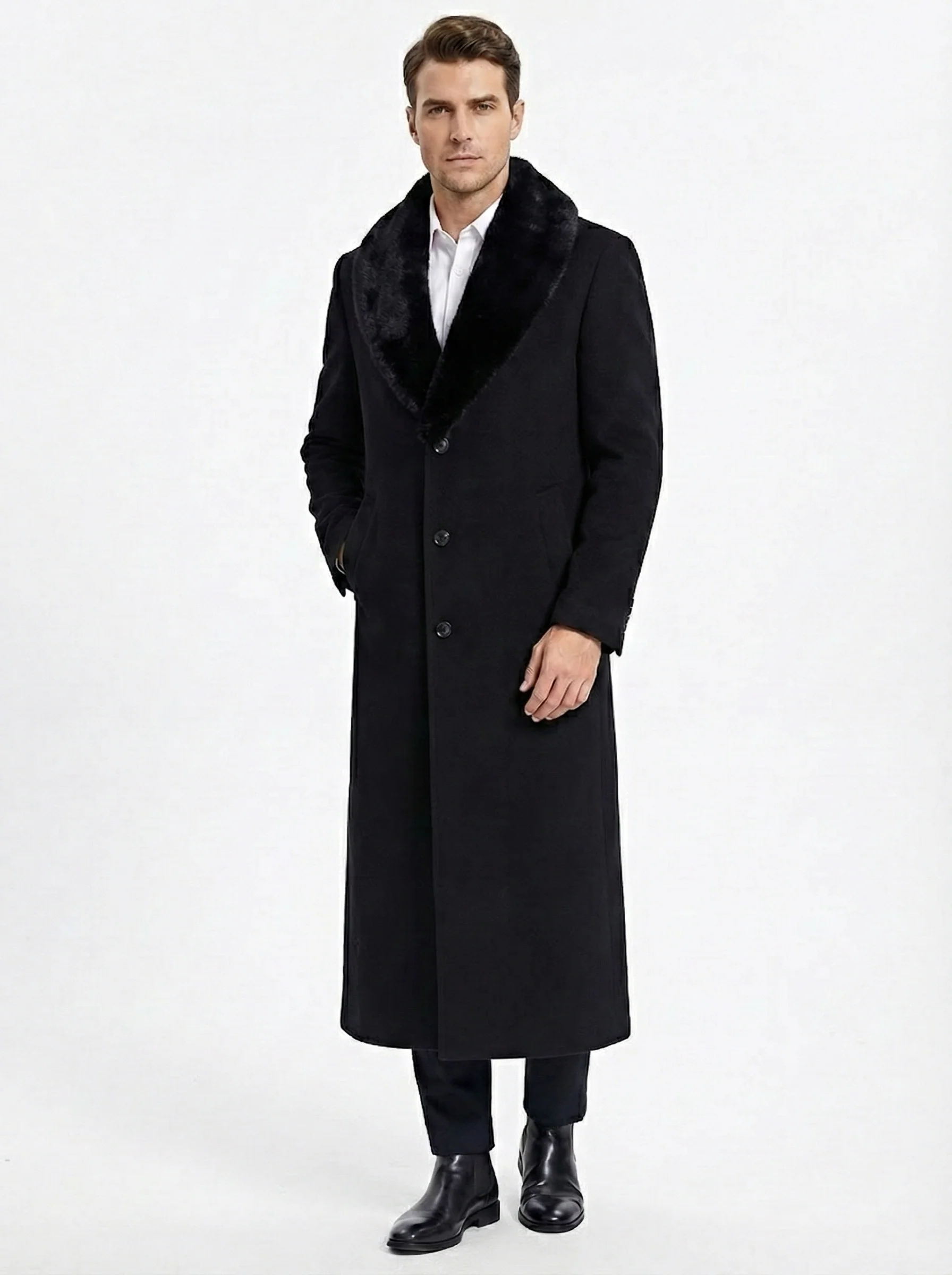 Men’s Black Long Overcoat with Faux Fur Collar, Full Length Winter Topcoat for Formal and Business Wear