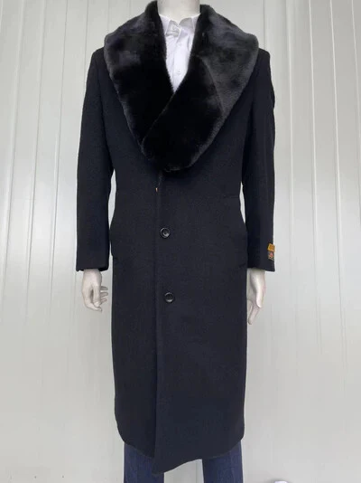 Men’s Black Long Overcoat with Faux Fur Collar, Full Length Winter Topcoat for Formal and Business Wear - Image 10