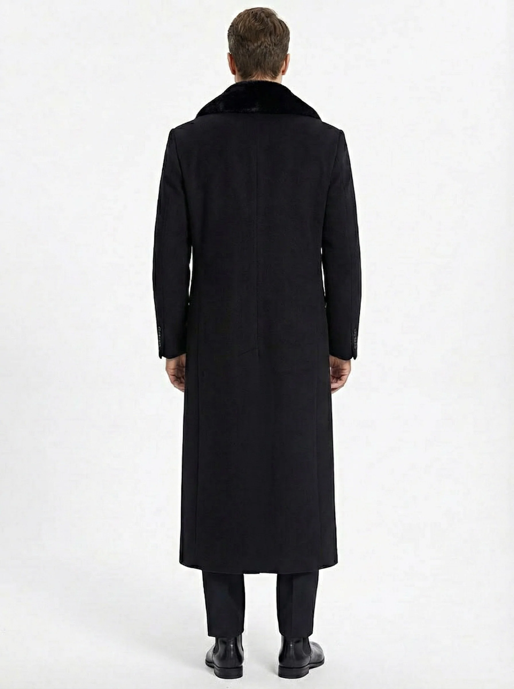 Men’s Black Long Overcoat with Faux Fur Collar, Full Length Winter Topcoat for Formal and Business Wear - Image 2