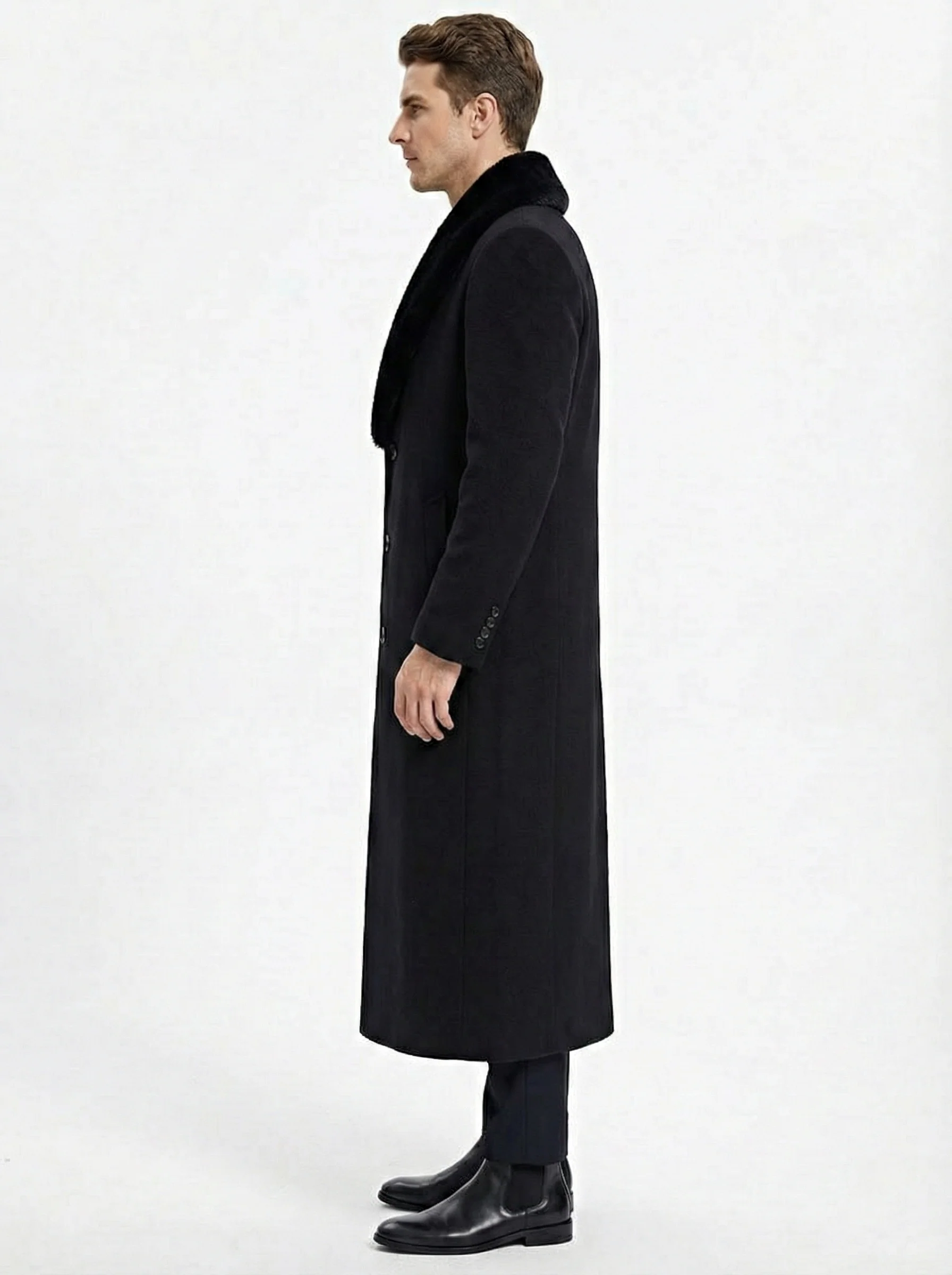 Men’s Black Long Overcoat with Faux Fur Collar, Full Length Winter Topcoat for Formal and Business Wear - Image 3