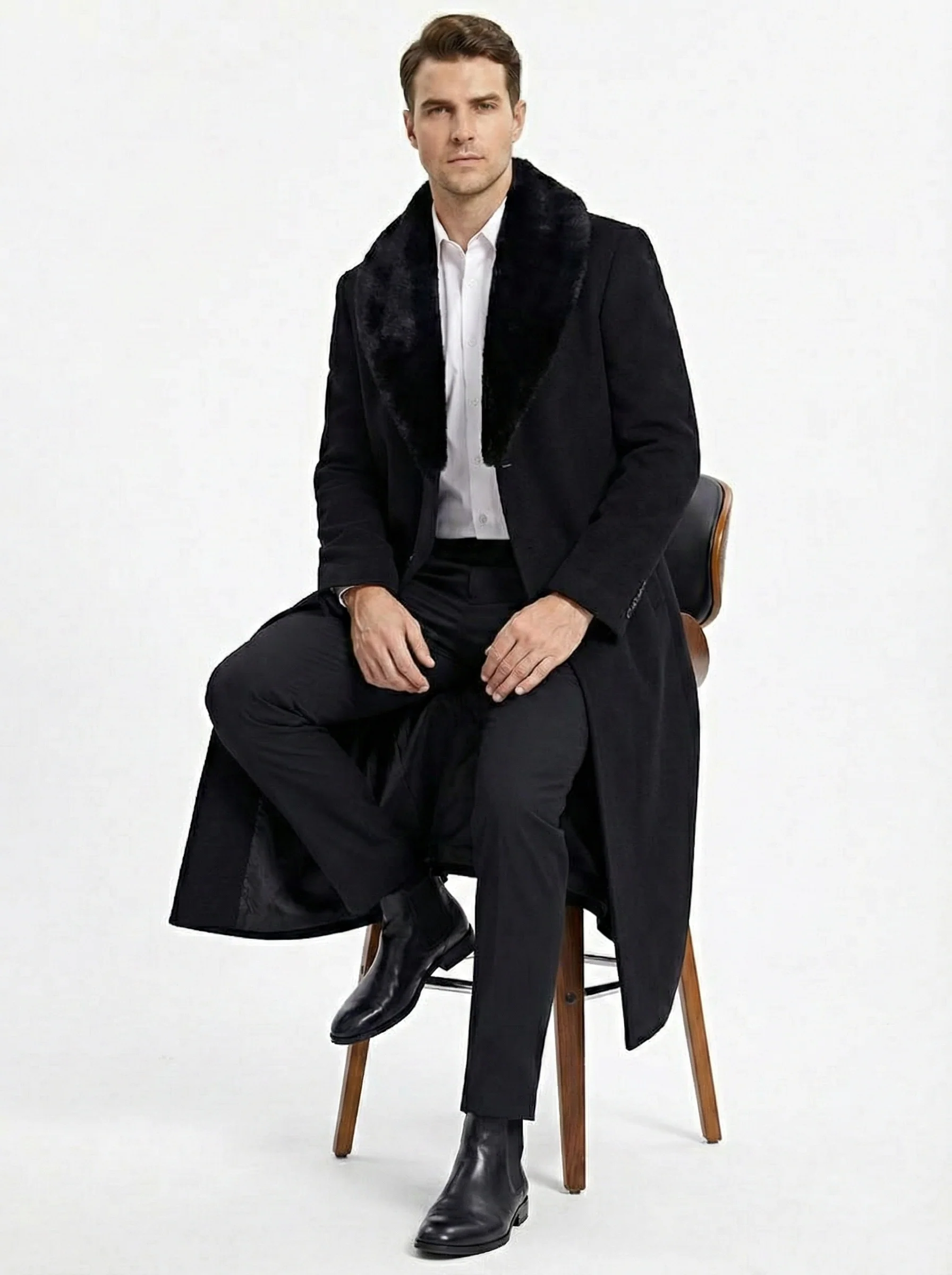 Men’s Black Long Overcoat with Faux Fur Collar, Full Length Winter Topcoat for Formal and Business Wear - Image 4
