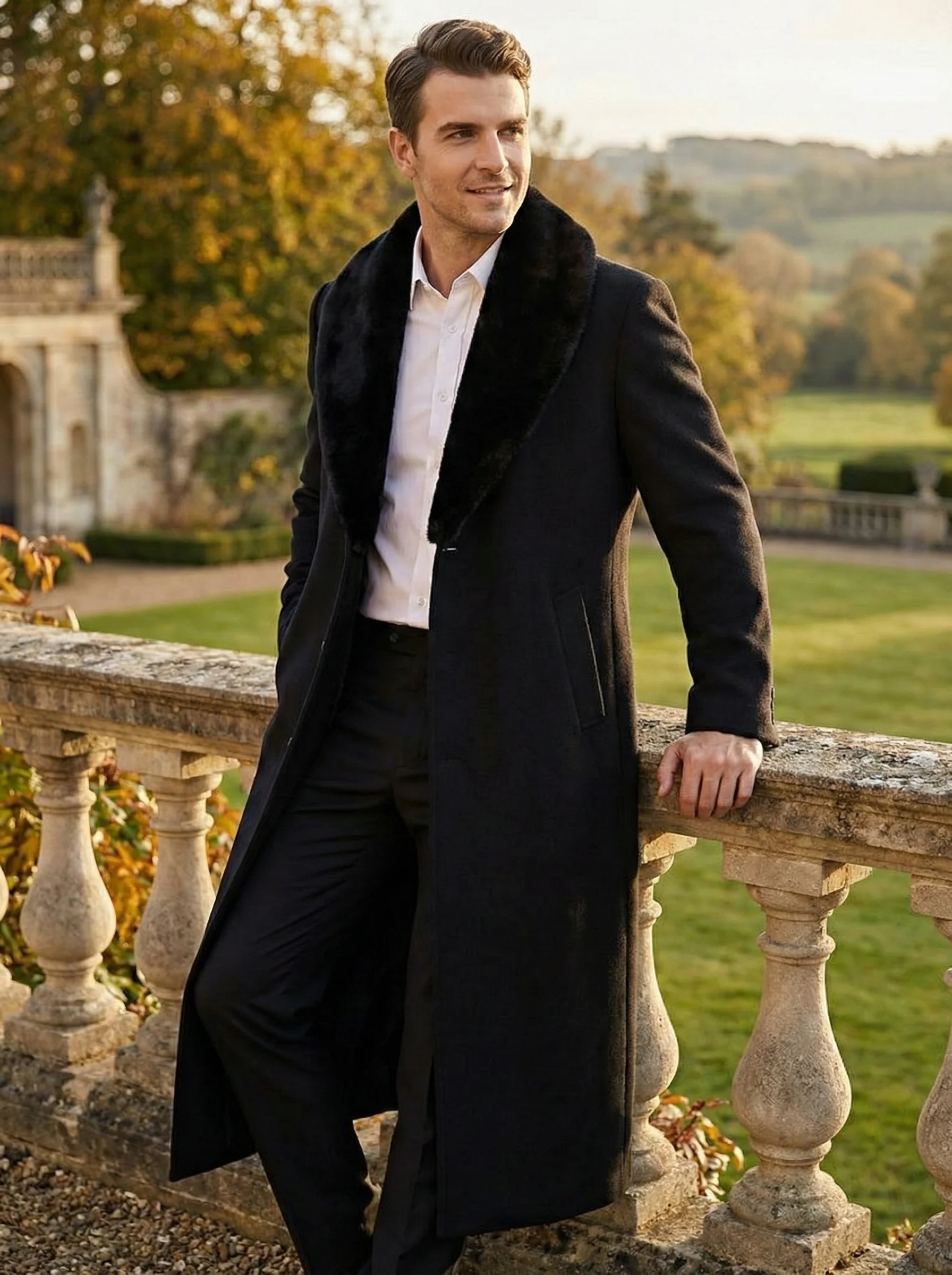 Men’s Black Long Overcoat with Faux Fur Collar, Full Length Winter Topcoat for Formal and Business Wear - Image 5