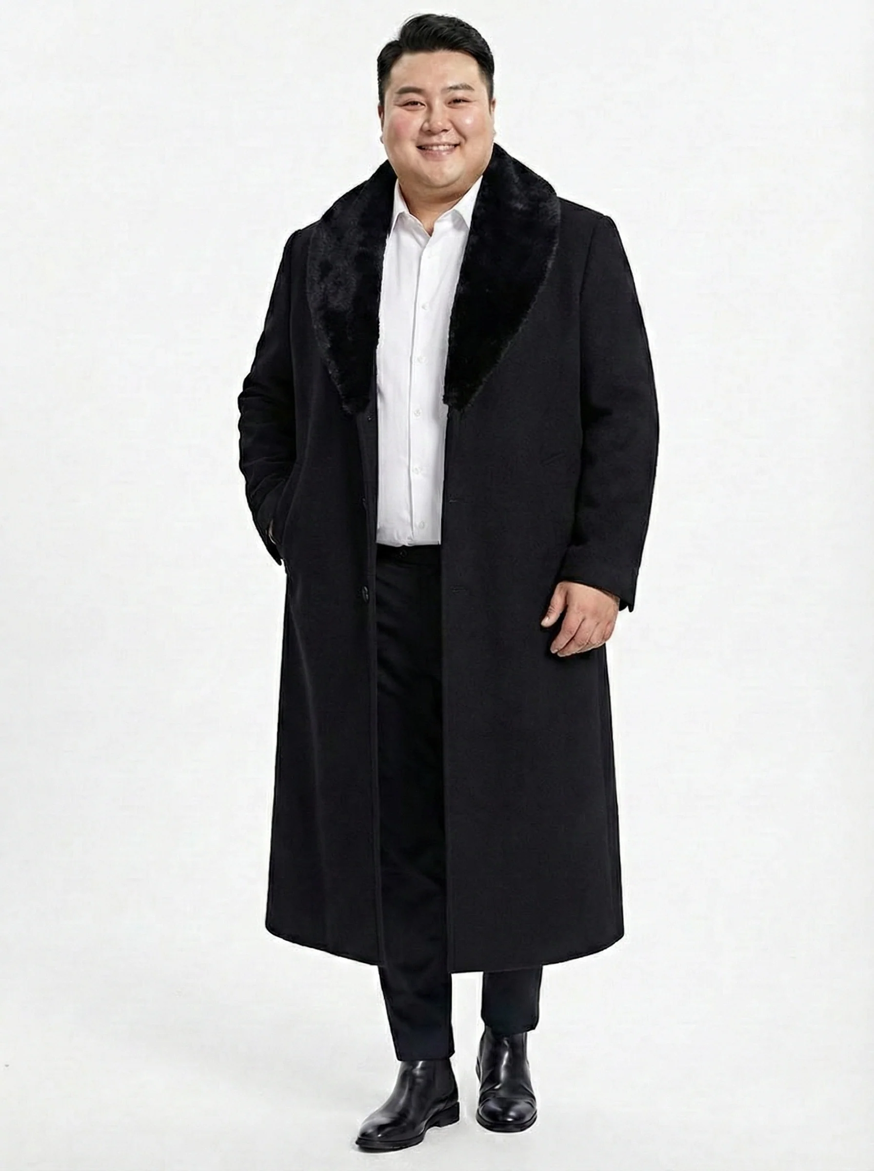 Men’s Black Long Overcoat with Faux Fur Collar, Full Length Winter Topcoat for Formal and Business Wear - Image 6
