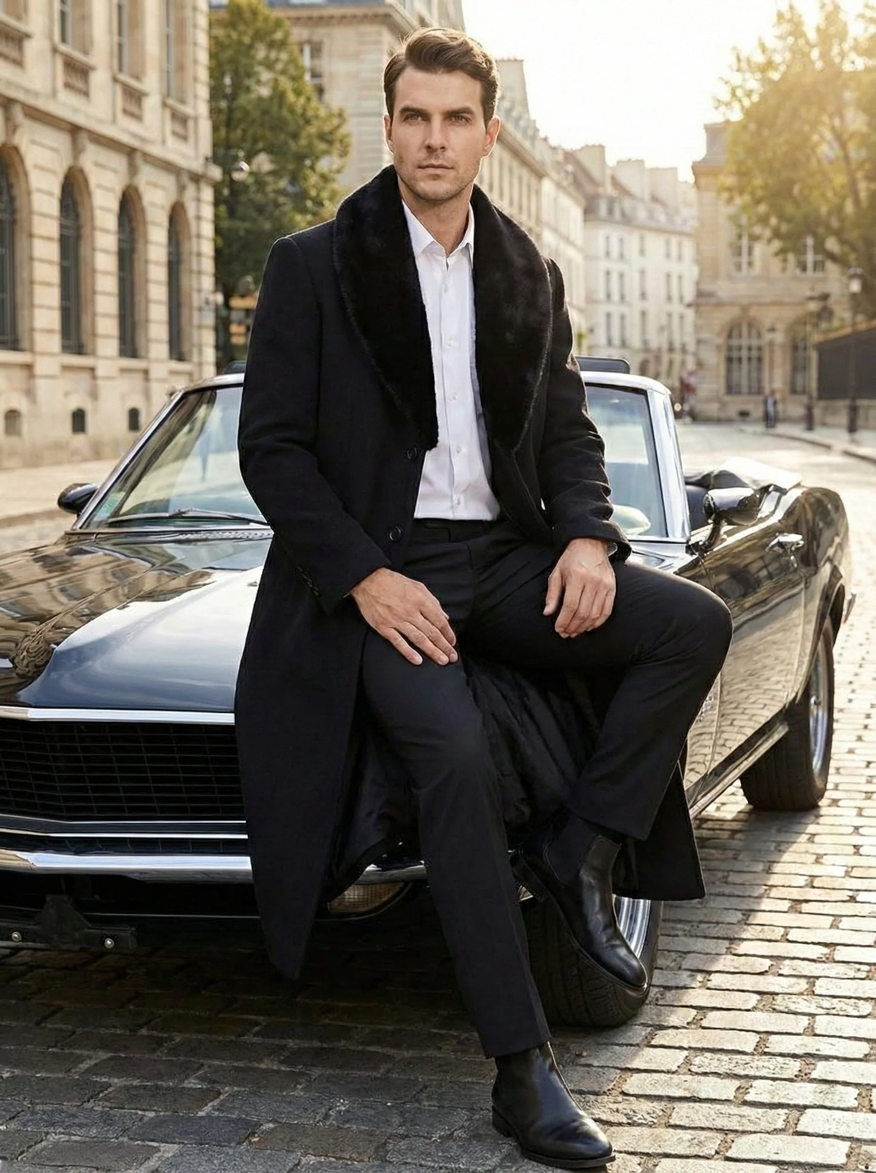Men’s Black Long Overcoat with Faux Fur Collar, Full Length Winter Topcoat for Formal and Business Wear - Image 8