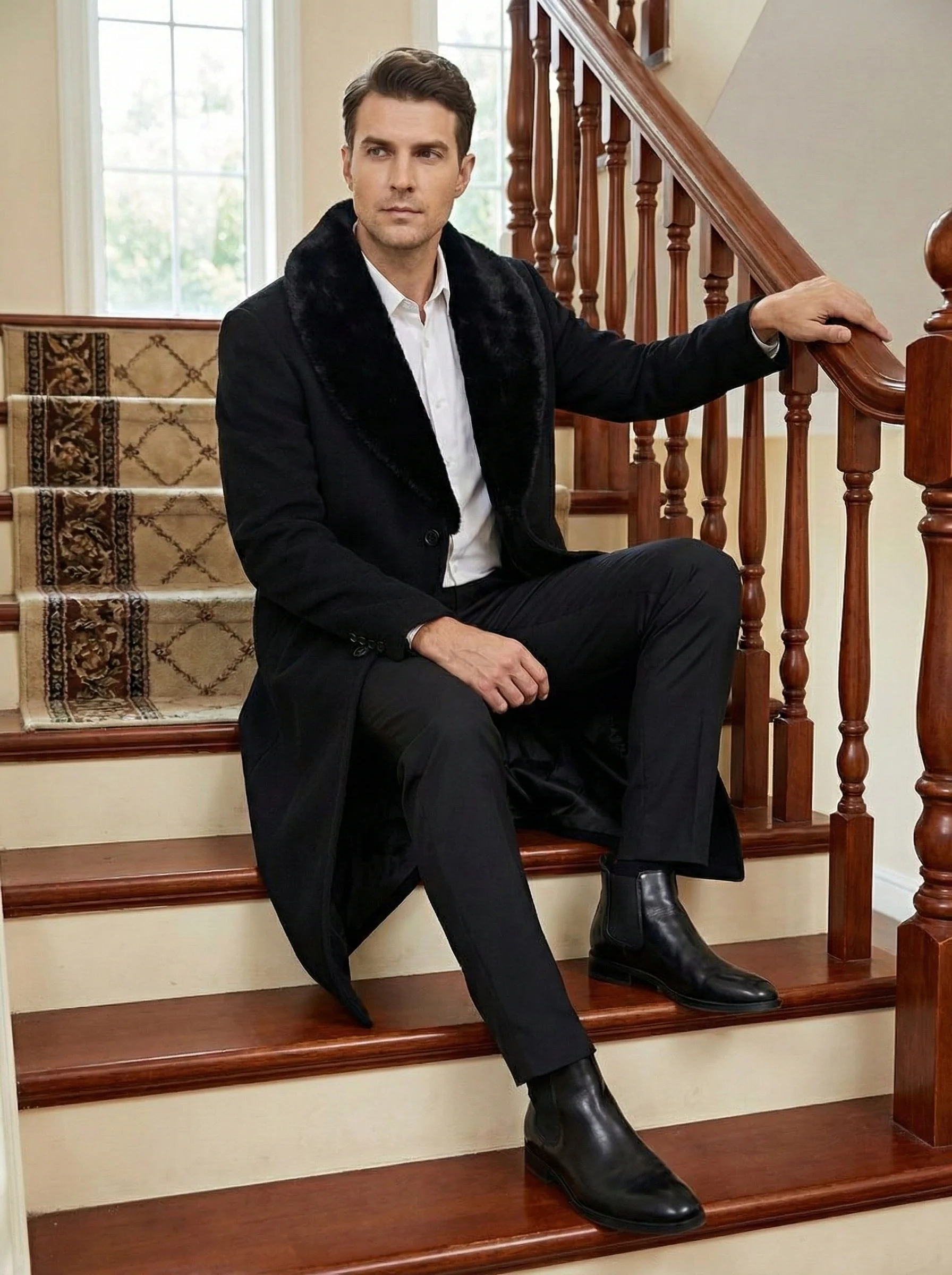 Men’s Black Long Overcoat with Faux Fur Collar, Full Length Winter Topcoat for Formal and Business Wear - Image 9