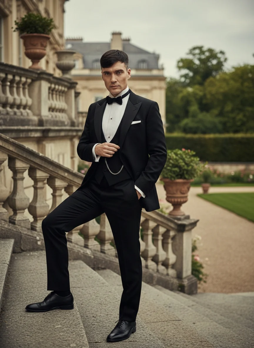 Men’s Black Peaky Blinders Style Three-Piece Tuxedo Suit – Classic Formal Suit with Blazer and Waistcoat Peak Lapel 1920s Style - Image 8