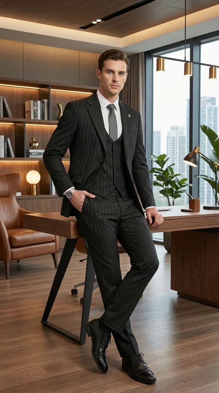 Men’s Black Pinstripe 3 Piece Suit – Vested Formal Business Suit for Wedding, Office, Prom and Party Wear - Image 11